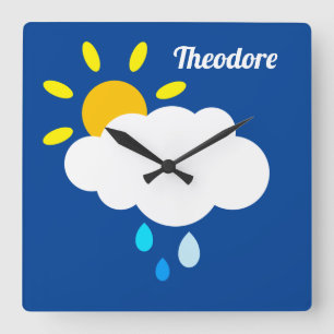 Reloj Cuadrado Nube personalizada, lluvia y sol