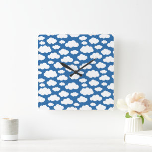 Reloj Cuadrado Nubes Esponjosas y Lindas para Niños en Azul Blanc