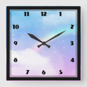 Reloj Cuadrado Nubes mágicas pasteles y arcoiris