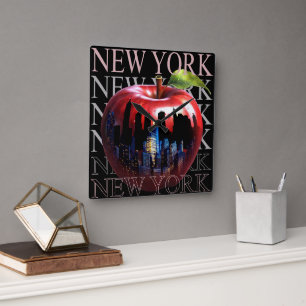 Reloj Cuadrado Nueva York La Gran Manzana Fruta Silueta Ciudad