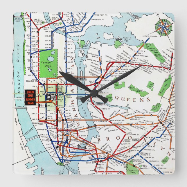 Reloj Cuadrado Nueva York: Mapa del subterráneo, 1940 (Anverso)