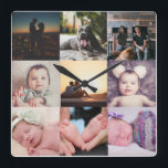 Reloj Cuadrado Nueve plantilla de Collage de fotos<br><div class="desc">Collage de fotos 9 Plantilla de fotografía y texto .. simplemente añada sus propias fotografías a este gran reloj de pared .. fácil de personalizar .. personalizable de plantilla de fotografía de Ricaso - perfecto regalo-ideas</div>