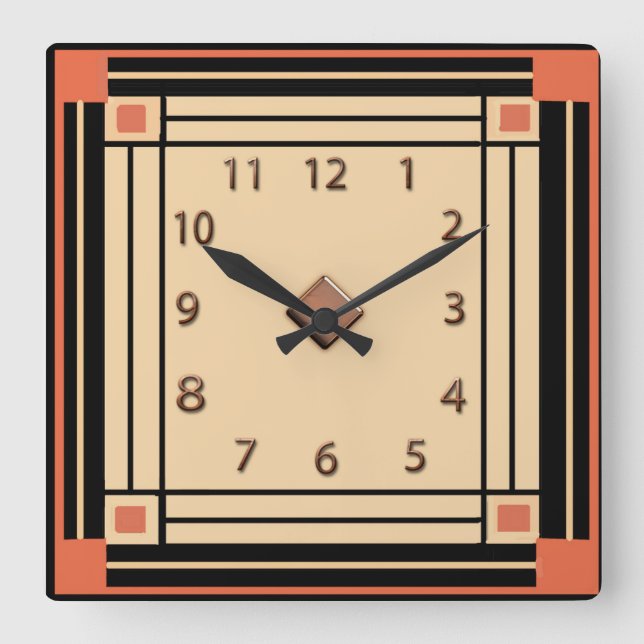 Reloj Cuadrado Nuevo estilo Art Deco (Naranja, negro y crema) (Anverso)