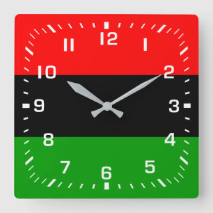 Reloj Cuadrado Números Blancos / Bandera Panafricana Roja, Negra 