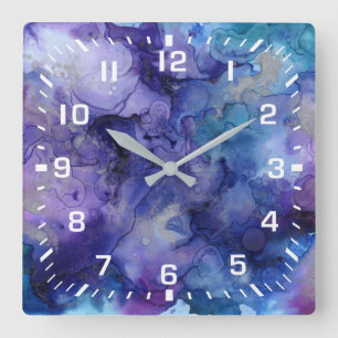 Reloj Cuadrado Números Blancos / Moderno Abstracto Púrpura, Azul 