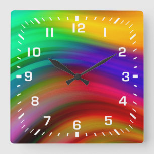 Reloj Cuadrado Números Blancos / Rayas de Onda de Arcoíris