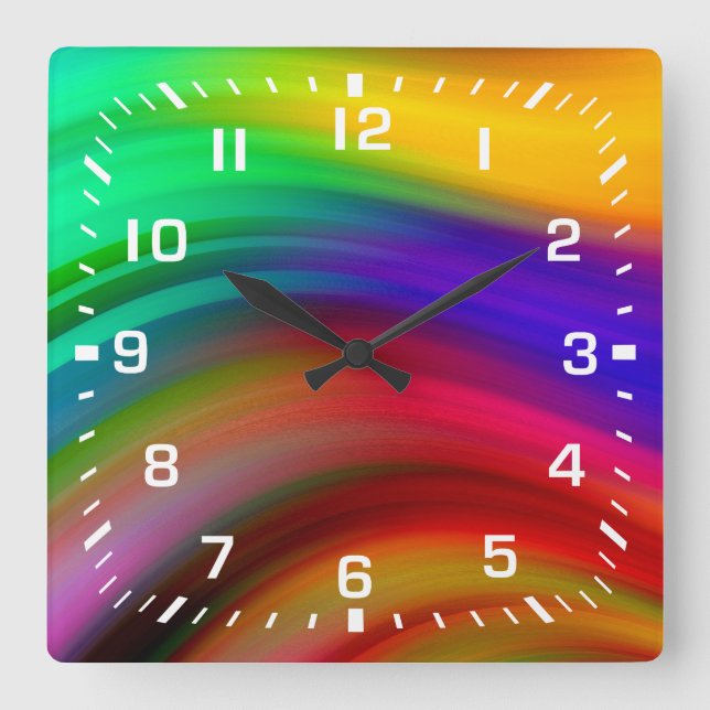 Reloj Cuadrado Números Blancos / Rayas de Onda de Arcoíris (Anverso)