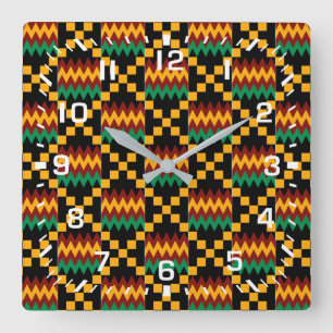 Reloj Cuadrado Números Blancos / Tela Kente de África