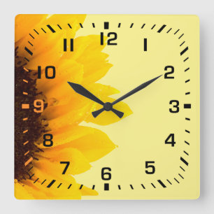 Reloj Cuadrado Números de Cuadrado Negro / Girasol Amarillo Suave