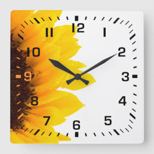 Reloj Cuadrado Números de Cuadrado Negro / Girasol Amarillo y Mar