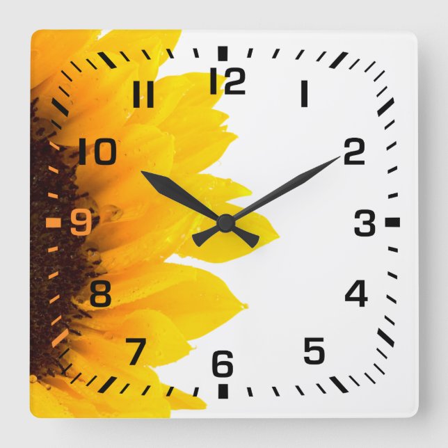 Reloj Cuadrado Números de Cuadrado Negro / Girasol Amarillo y Mar (Anverso)