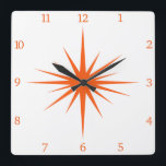 Reloj Cuadrado Números de estallido atómico naranja a mediados de<br><div class="desc">Este moderno reloj cuadrado de mediados de siglo cuenta con un audaz estallido naranja con números coincidentes,  que harán una fantástica adición a las paredes de su casa o oficina!</div>
