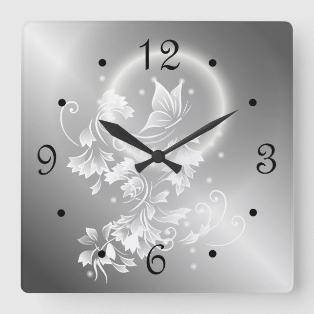 Reloj Cuadrado Números de mariposa floral plateada (Anverso)