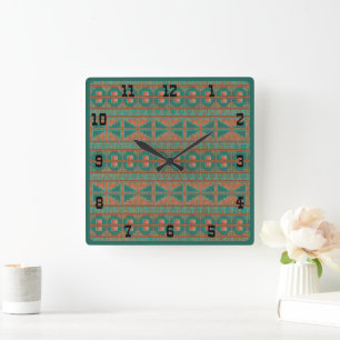 Reloj Cuadrado Números geométricos occidentales de cobre Teal del