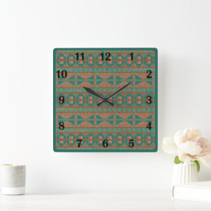 Reloj Cuadrado Números geométricos regulares de cobre Teal del su