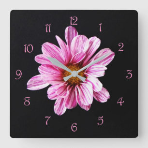 Reloj Cuadrado Números manuscritos rosados de flores de crisante