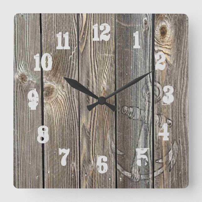 Reloj Cuadrado Números mejorados Ancla de madera de aspecto autén (Anverso)