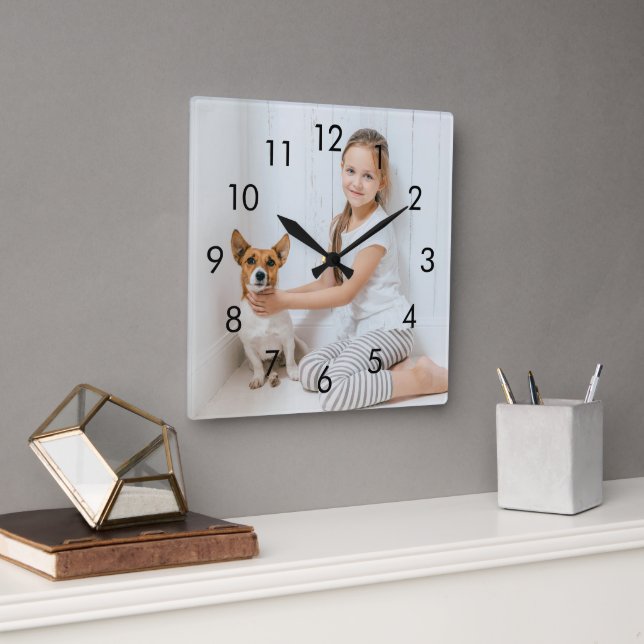 Reloj Cuadrado Números Negros Simples Foto Personalizada (Oficina)