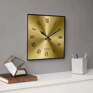 Reloj Cuadrado Números romanos con borde negro y dorado metálico