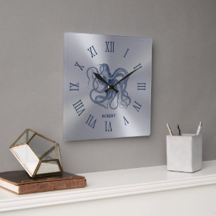 Reloj Cuadrado Números Romanos de Pulpo Azul sobre Plata Oscuro