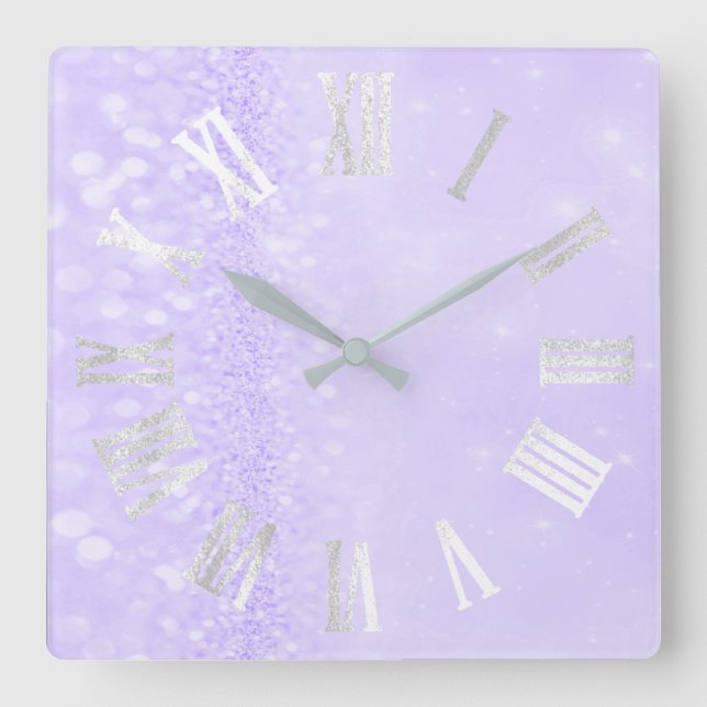 Reloj Cuadrado Números romanos Glam Purpurina de Lavanda Gris Pla (Anverso)
