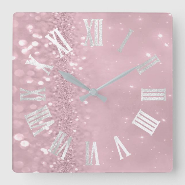Reloj Cuadrado Números romanos Glam Purpurina rosa gris plateado (Anverso)