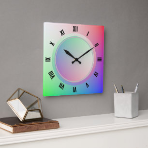 Reloj Cuadrado Números romanos modernos y disco arcoiris pastel d