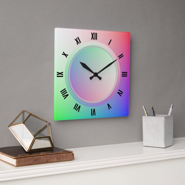 Reloj Cuadrado Números romanos modernos y disco arcoiris pastel d (Oficina)