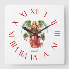 Reloj Cuadrado Números romanos rojos de ángel de navidades