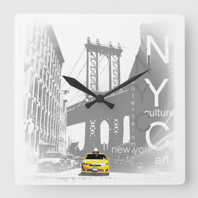 Reloj Cuadrado Nyc Yellow Taxi Brooklyn Bridge Pop Art Picture (Anverso)