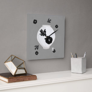 Reloj Cuadrado objet_22_camellia,pájaro y cerámica
