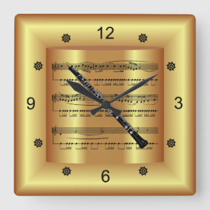 Reloj Cuadrado ~ Oboe ~ Música de hoja curva ~ Fondo de oro ~