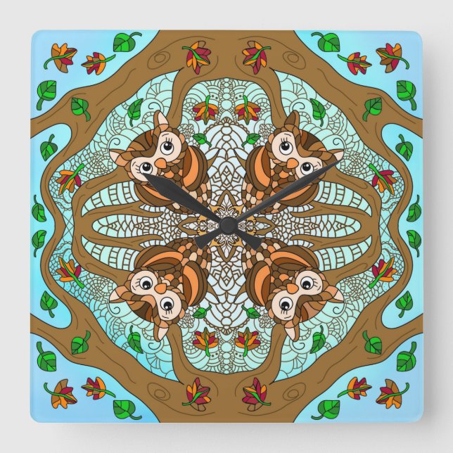 Reloj Cuadrado Obra de arte de la lechuza de mano Mandala (Anverso)