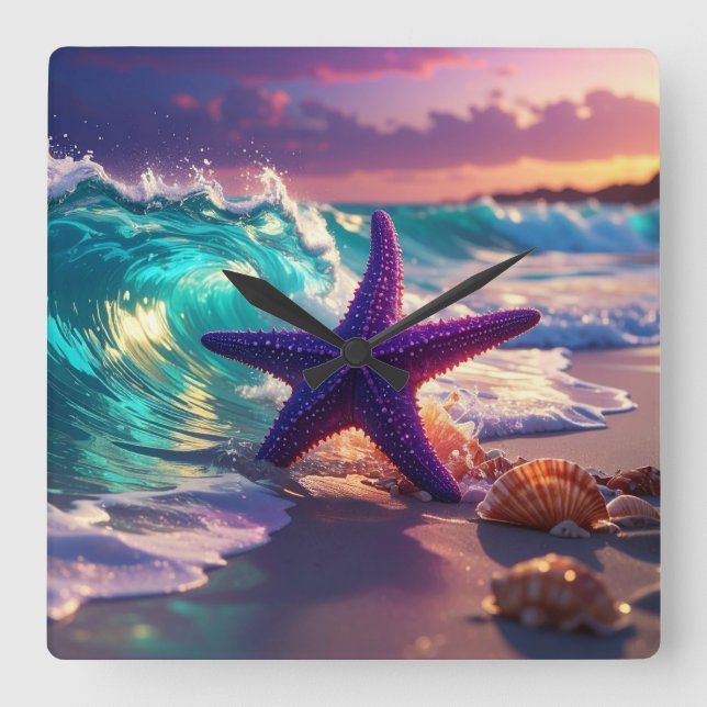 Reloj Cuadrado Ocean beach with violet starfish (Anverso)