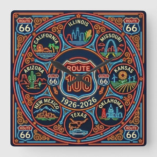 Reloj Cuadrado Ocho Estados Ruta Neon 66 Centenario 1926-2026