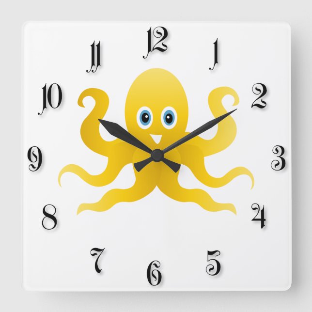 Reloj Cuadrado Octopi amarillo divertido (Anverso)