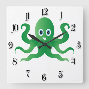 Reloj Cuadrado Octopi verde divertido