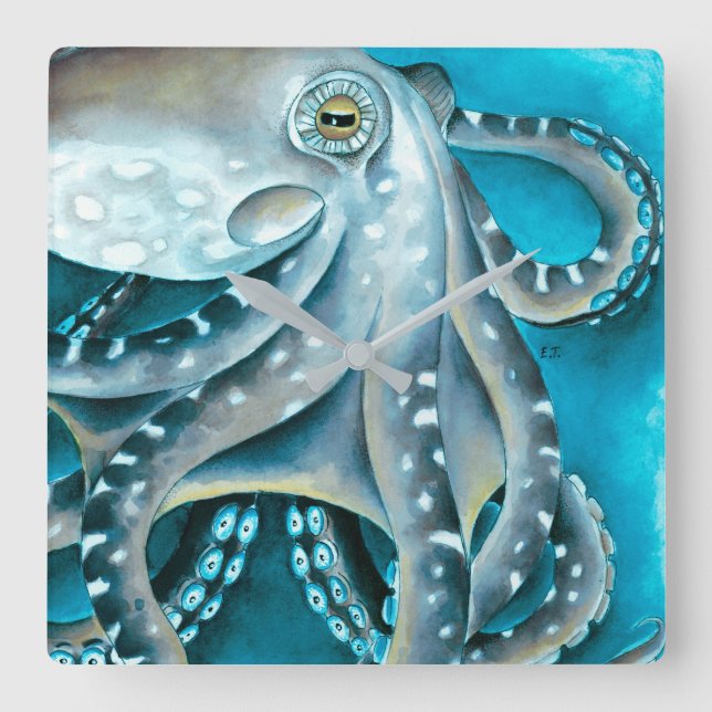 Reloj Cuadrado Octopus Blue Watercolor Detail (Anverso)