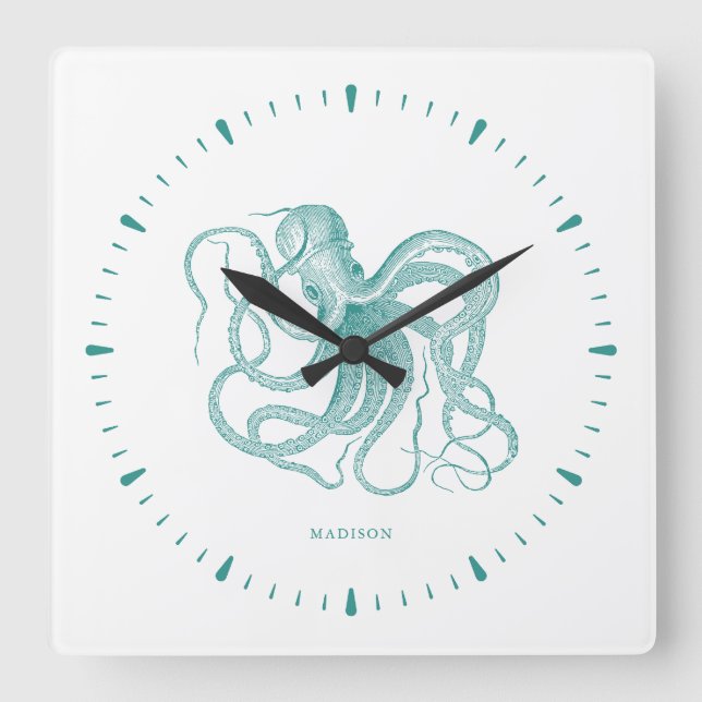 Reloj Cuadrado Octopus turquesa y numeración en monograma blanco (Anverso)