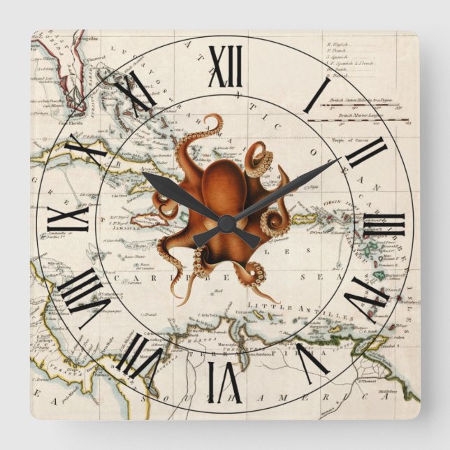 Reloj Cuadrado Octopus~West Indies~Caribbean 1785 Nautical Map ~ (Anverso)