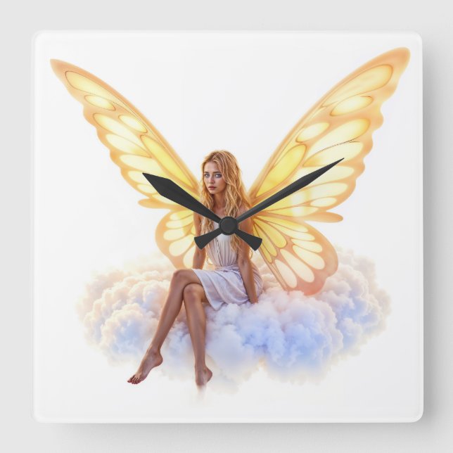 Reloj Cuadrado Ojos mágicos y azules hermosos alas doradas brilla (Anverso)