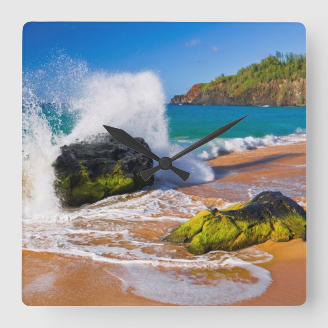 Reloj Cuadrado Olas rompen en la playa, Hawaii (Anverso)