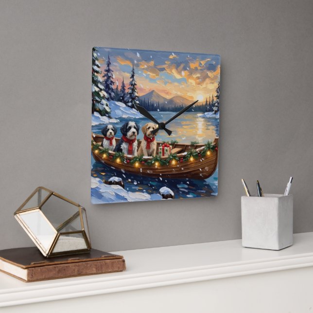 Reloj Cuadrado Old English Sheepdog Christmas Boat Holiday (Oficina)