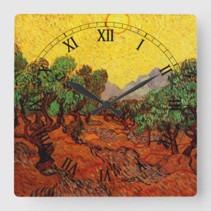 Reloj Cuadrado Olivos de Van Gogh con cielo amarillo y sol