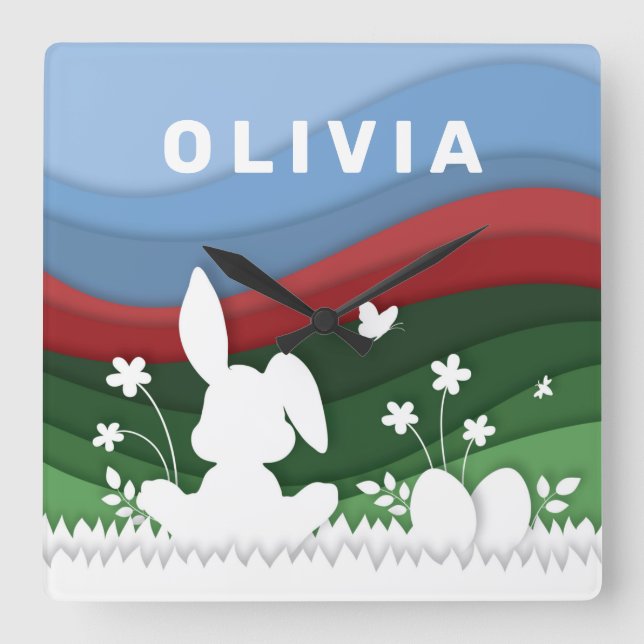 Reloj Cuadrado Ondas rojas verdes azules conejito de Pascua y hue (Anverso)