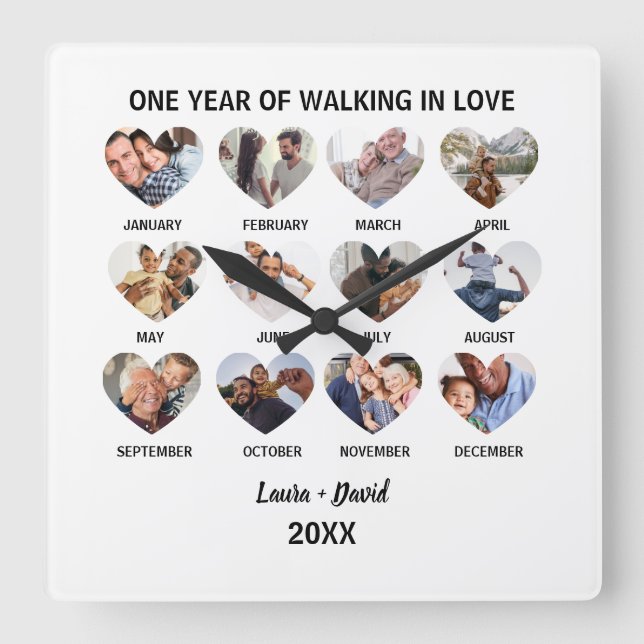 Reloj Cuadrado One Year of Walking in Love 12 Heart Photo Collage (Anverso)