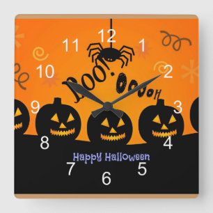Reloj Cuadrado ¡Oooh! Feliz Halloween en naranja y negro