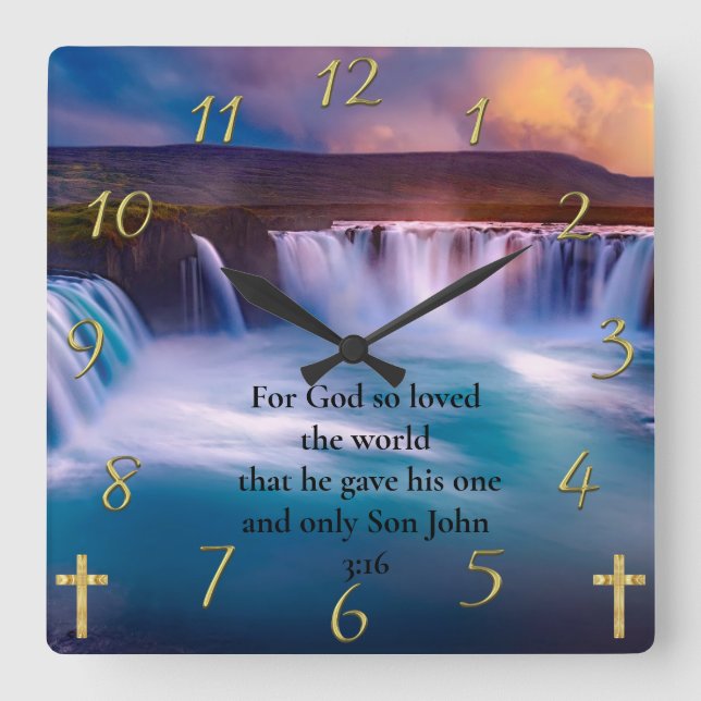 Reloj Cuadrado Oración de fe cristiana de oro John 3:16 (Anverso)