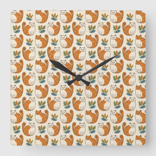 Reloj Cuadrado Orange and White Cats Naive Art Style (Anverso)