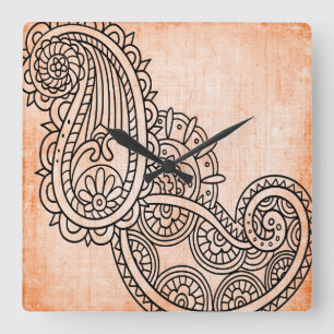 Reloj Cuadrado Orange Mehndi Motif Clock
